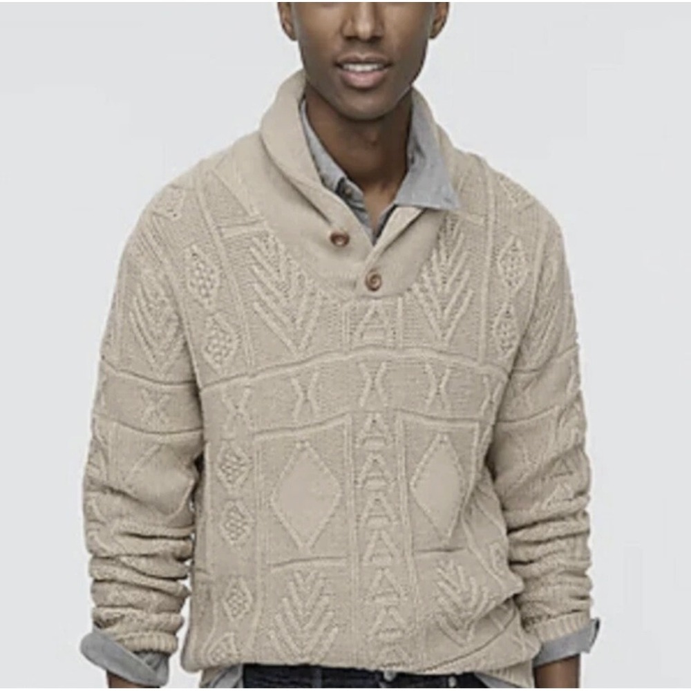 Wallace Barnes Shawl Collar Knit Sweater Beige Organic Cotton Shawl‎ Neck Mens S